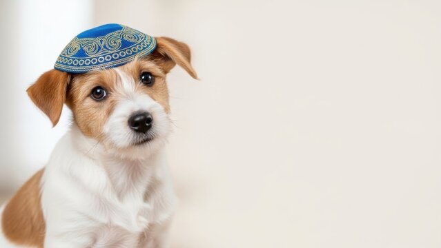 Cute puppy in a blue yarmulke, looking directly at the camera. Hanukkah pet portrait for holiday greeting card and celebration. - Powered by Adobe