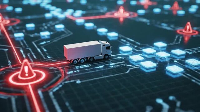 Digital logistics network with truck and warning signs on circuit board