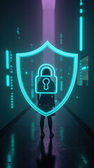 Fototapeta premium Digital shield with lock symbol represents security and protection in futuristic corridor. glowing elements create sense of safety and technology