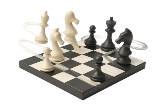 Chess Game. Strategic Thinking. Business Strategy. An isolated 3D chess board with white and black pieces mid-game as a PNG clip art on a transparent background for strategic business concepts.