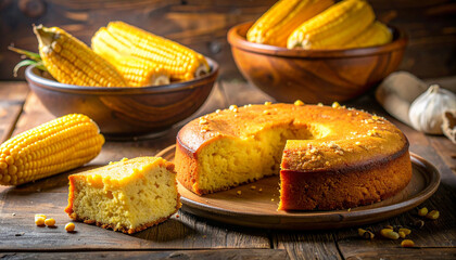 Rustic corn cake with fresh corn cobs and garlic on a wooden table cornbread baking