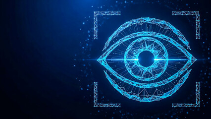 Abstract blue glowing eye with wireframe connections and scanning frame. Ideal for themes of cybersecurity, AI, data protection, and future innovation.