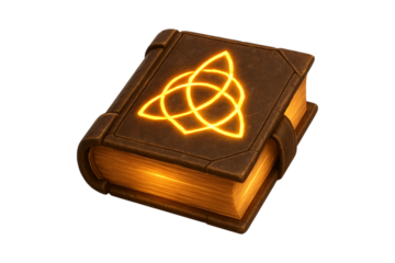 Ancient Spellbook. Mystical Magic. Fantasy Lore. An enchanted ancient book with a glowing Celtic symbol on its cover isolated as a PNG clip art on a transparent background for fantasy game design