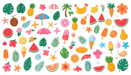Assortment of summer themed elements fruits, flowers, leaves, ice cream, and tropical flora in bright, vibrant colors