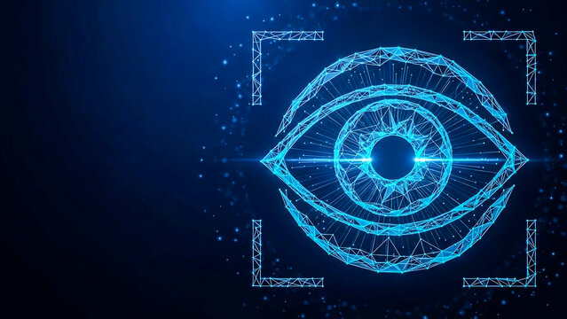 Abstract blue glowing eye with wireframe connections and scanning frame. Ideal for themes of cybersecurity, AI, data protection, and future innovation.
