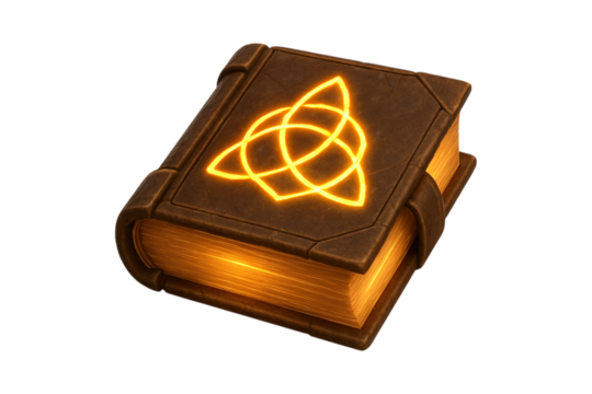 Ancient Spellbook. Mystical Magic. Fantasy Lore. An enchanted ancient book with a glowing Celtic symbol on its cover isolated as a PNG clip art on a transparent background for fantasy game design
