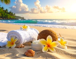 Obraz na płótnie Canvas Beach spa scene towel, flowers, coconut, and shells on sand against a sunny ocean view