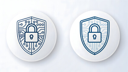 Cybersecurity concept icons featuring a padlock shield design with integrated digital circuit lines on white buttons.