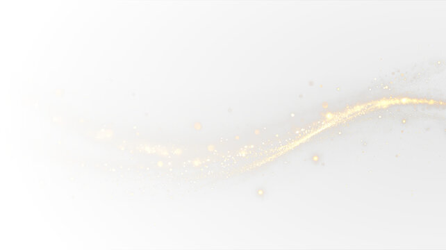 Gold Dust light effect. Golden Line. Bokeh background. Golden glitter trail with sparkles as a transparent PNG overlay. Isolated transparent PNG