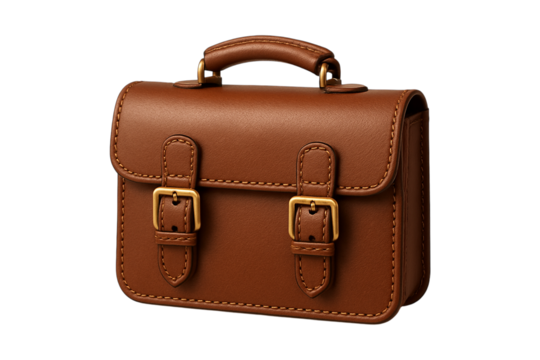 Brown Leather Briefcase. Vintage Professional. Business Travel. An isolated brown leather briefcase with buckle straps as a PNG clip art on a transparent background for business, travel, or academic