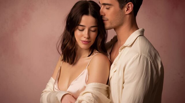 A loving couple holding each other softly against a pastel pink backdrop.