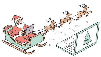 Santa claus in his sleigh working on a laptop, with flying reindeer, digitally delivering holiday cheer to a virtual christmas tree screen.