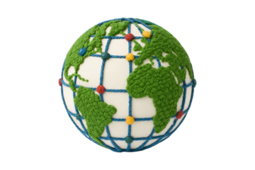 Global Network Globe. 3D Stylized Design. World Connectivity. An intricate 3D rendered globe showing a global network with colorful nodes isolated as a PNG clip art on a transparent background