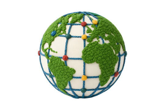 Global Network Globe. 3D Stylized Design. World Connectivity. An intricate 3D rendered globe showing a global network with colorful nodes isolated as a PNG clip art on a transparent background