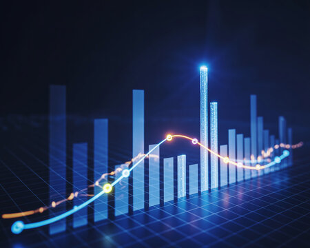Futuristic glowing bar graph with data lines on dark grid background