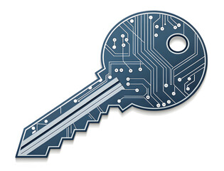 Futuristic electronic key symbolizing cybersecurity data protection and privileged access control isolated on white.
