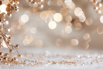 Delicate golden decorations rest softly on a surface, surrounded by a lovely bokeh background that adds a festive touch, perfect for holiday celebrations and joyful gatherings