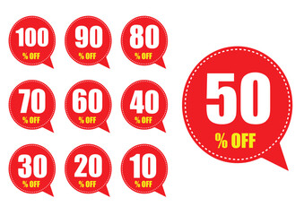 Set of red sale discount icons percentage off stickers for retail promotion isolated vector illustration