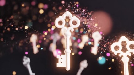 Magical Keys with Bokeh Particles - This video shows several floating keys glowing with a bright light and surrounded by magical bokeh particles.