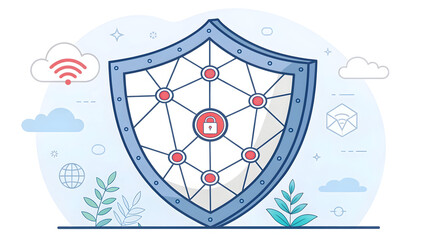 Large blue protection shield with a central padlock icon representing robust cybersecurity and reliable network defense.