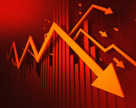 Red Graph with Falling Orange Arrows and Bars chart