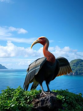 Large, extinct, flightless bird with hooked beak on lush island,  Mauritius,  endemic