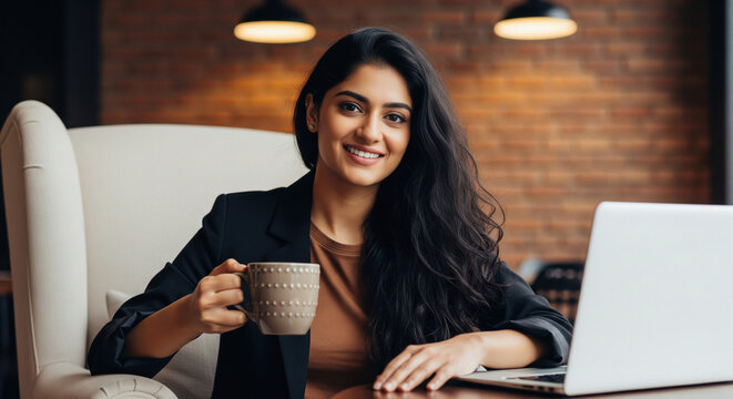 A radiant young Indian woman sits smiling warmly while holding a coffee mug beside her open laptop.