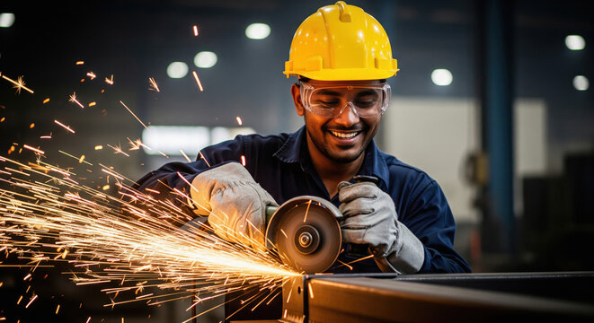 industrial worker in a yellow hard hat uses an angle grinder on a metal beam, sending bright sparks flying across the busy factory floor.