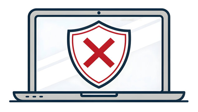 Laptop computer displaying a security shield icon with a large red cross indicating network failure or cyber attack warning.
