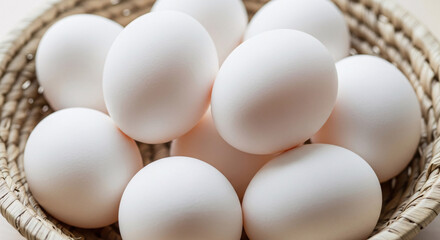 Fresh white eggs nestled in a rustic basket, perfect for healthy recipes, baking, and breakfast promotions, a symbol of wholesome goodness, protein source