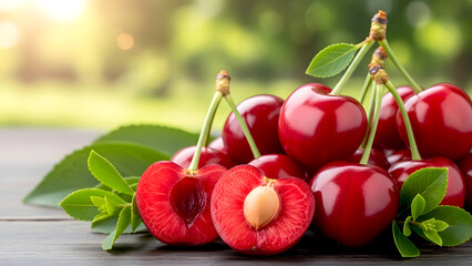 Fresh red cherries with leaves on wooden surface outdoors