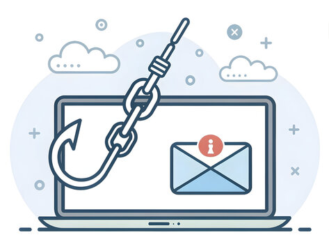 Phishing attack concept illustration showing a large metal fishing hook attempting to steal sensitive information from a laptop screen