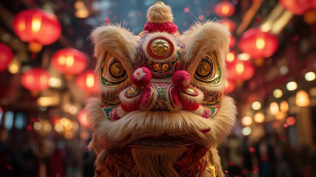 A vibrant lion dance mask adorned with intricate designs, symbolizing good luck during cultural celebrations.