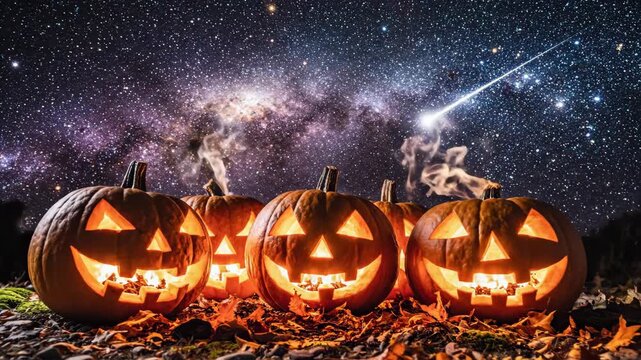 Jack-o'-lanterns under starry night sky - Five glowing jack-o'-lanterns are displayed on a bed of leaves and rocks at night. Above them is a cosmic night sky with a shooting star.