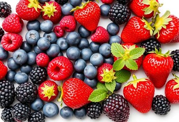 Fototapeta premium Vibrant assortment of fresh raspberries, blueberries, strawberries, and blackberries on pristine white background, strawberry, superfood