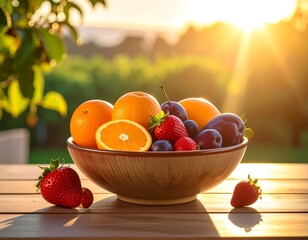 Bowl of fresh fruit, including oranges, strawberries, and plums, sits on a wooden table with sunlight background
