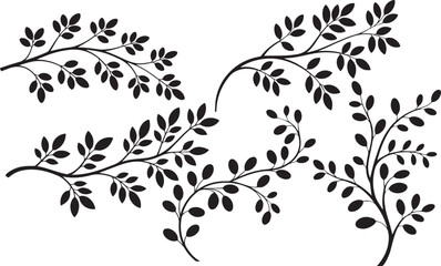 Black and white botanical illustration of assorted branches with leaves design set