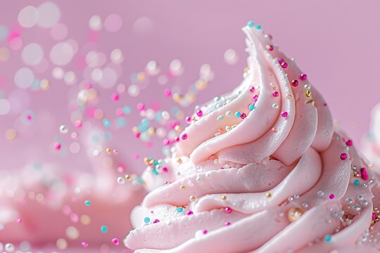 A beautifully crafted pink cupcake swirl stands out against a soft pastel background. Colorful sprinkles add a touch of whimsy, creating a delightful dessert scene