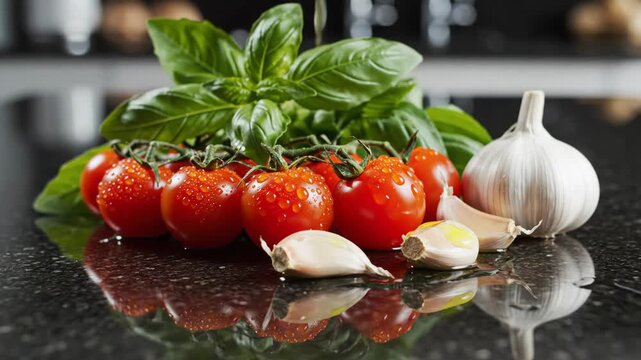 Fresh Ingredients on a Kitchen Counter - A close-up shot features fresh tomatoes on the vine, vibrant basil leaves, and garlic cloves artfully arranged on a sleek black kitchen counter.