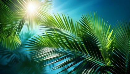 Obraz premium Sunlight Filtering Through Lush Green Palm Leaves Against A Vivid Blue Backdrop Vibrant Greens Shadows
