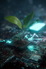 futuristic and eco-technological concept, combining elements of nature and technology. It features a vibrant green seedling emerging from a glowing, circuit-like structure embedded in the soil