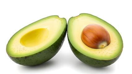 Fresh, ripe avocado fruit cut in half, showing creamy green flesh and a brown pit.