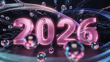Abstract 2026 New Year Celebration - This video features glowing pink metallic numbers "2026" surrounded by abstract swirls and floating spheres against a dark background, creating a futuristic and