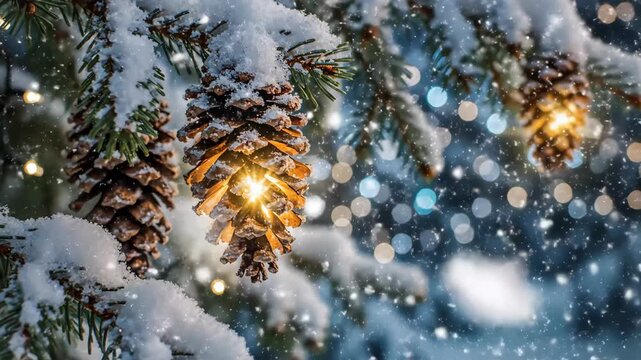 Festive Pine Cones with Sparkles in Winter - Close-up shot of snow-covered pine cones hanging from tree branches, illuminated by soft, glowing light.