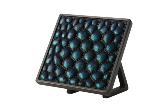 Futuristic Display. Modern Technology. Abstract Data. An isolated dark futuristic textured display panel on a stand as a PNG clip art on a transparent background.