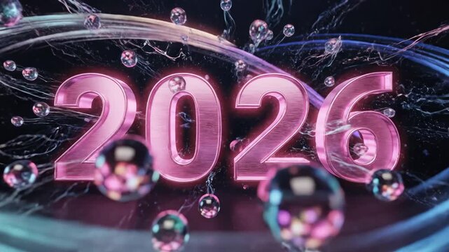 Abstract 2026 New Year Celebration - This video features glowing pink metallic numbers "2026" surrounded by abstract swirls and floating spheres against a dark background, creating a futuristic and