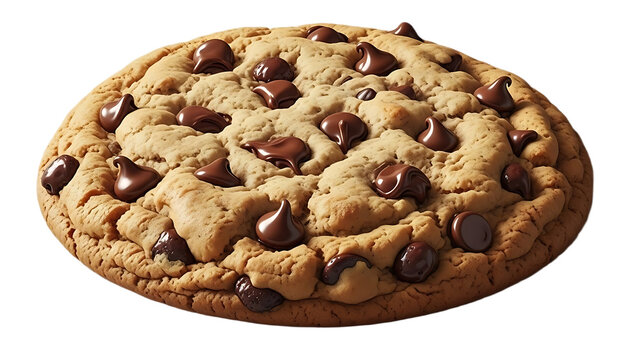 A single chocolate chip cookie with many chocolate chips on top of the cookie on a black background