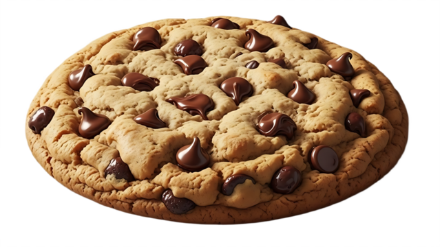 A single chocolate chip cookie with many chocolate chips on top of the cookie on a black background