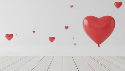 Red Heart Balloons Floating on White Background with Wooden Floor Romantic Design Element