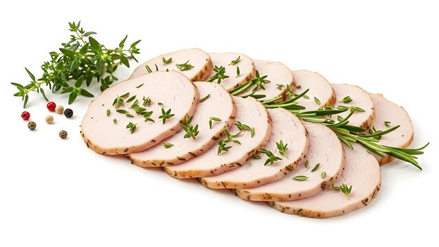 Sliced cooked turkey breast with fresh thyme and rosemary, isolated on white background.